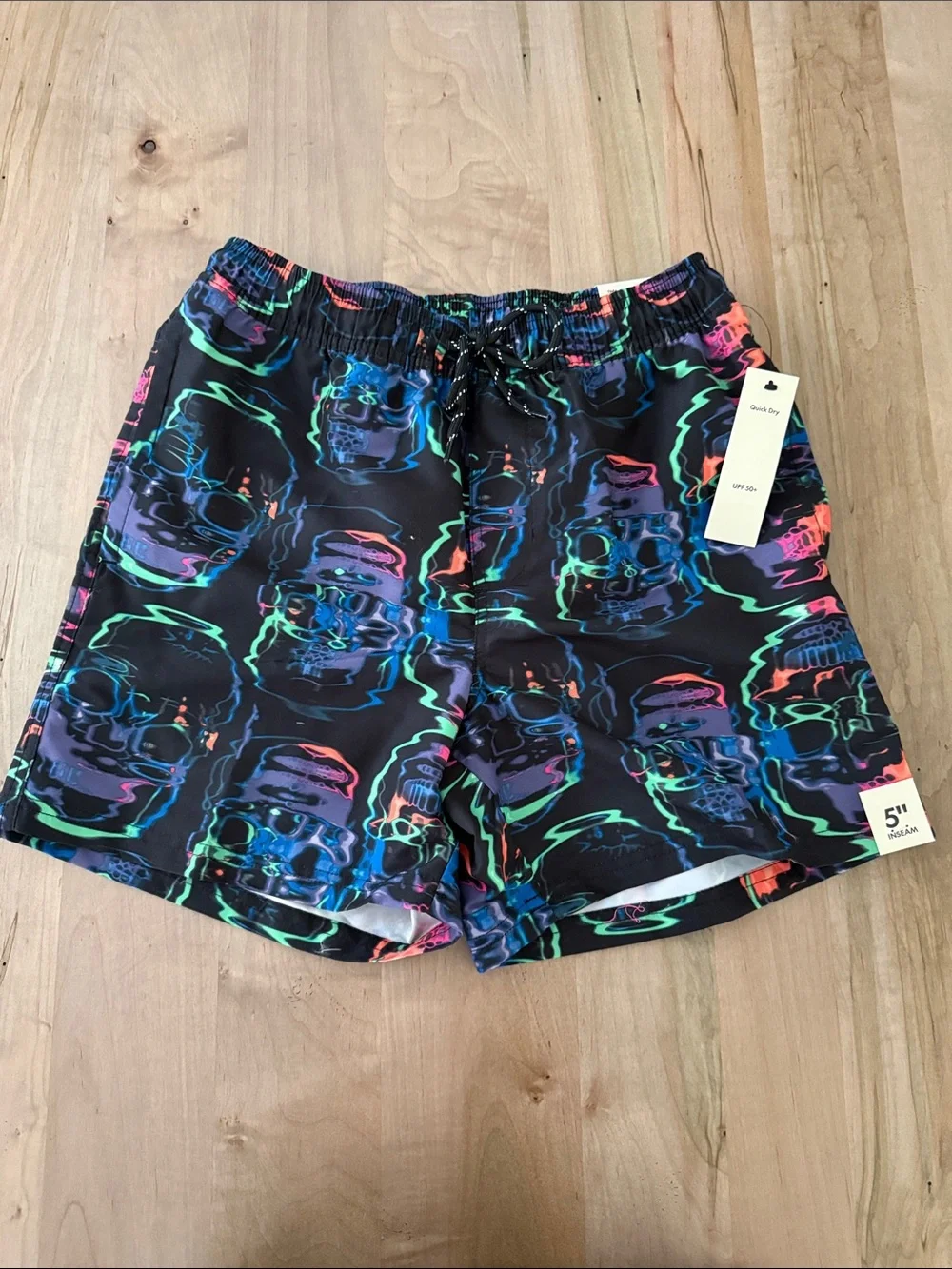No Boundaries Black Neon Skull Print Swim Trunks